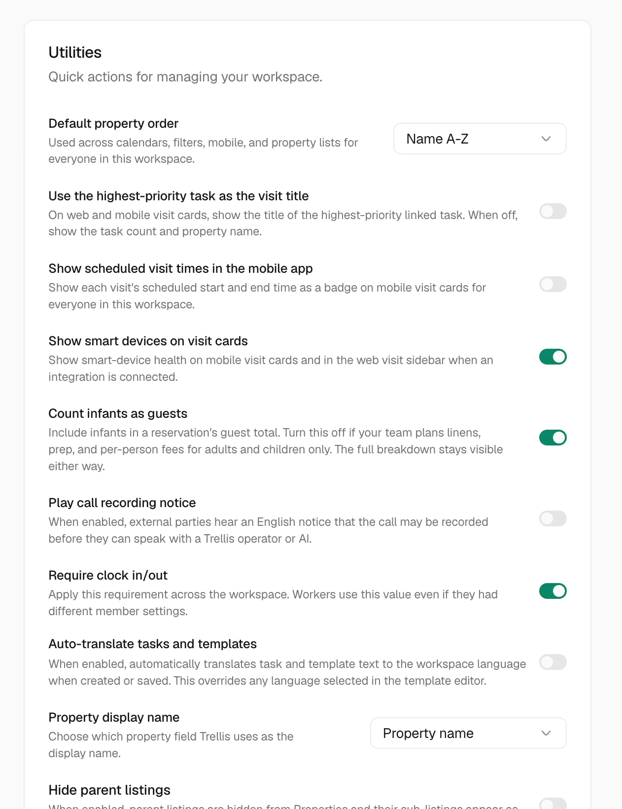 Utilities controls for property order, visit display, infant counts, call notices, clock-in requirements, and task translation