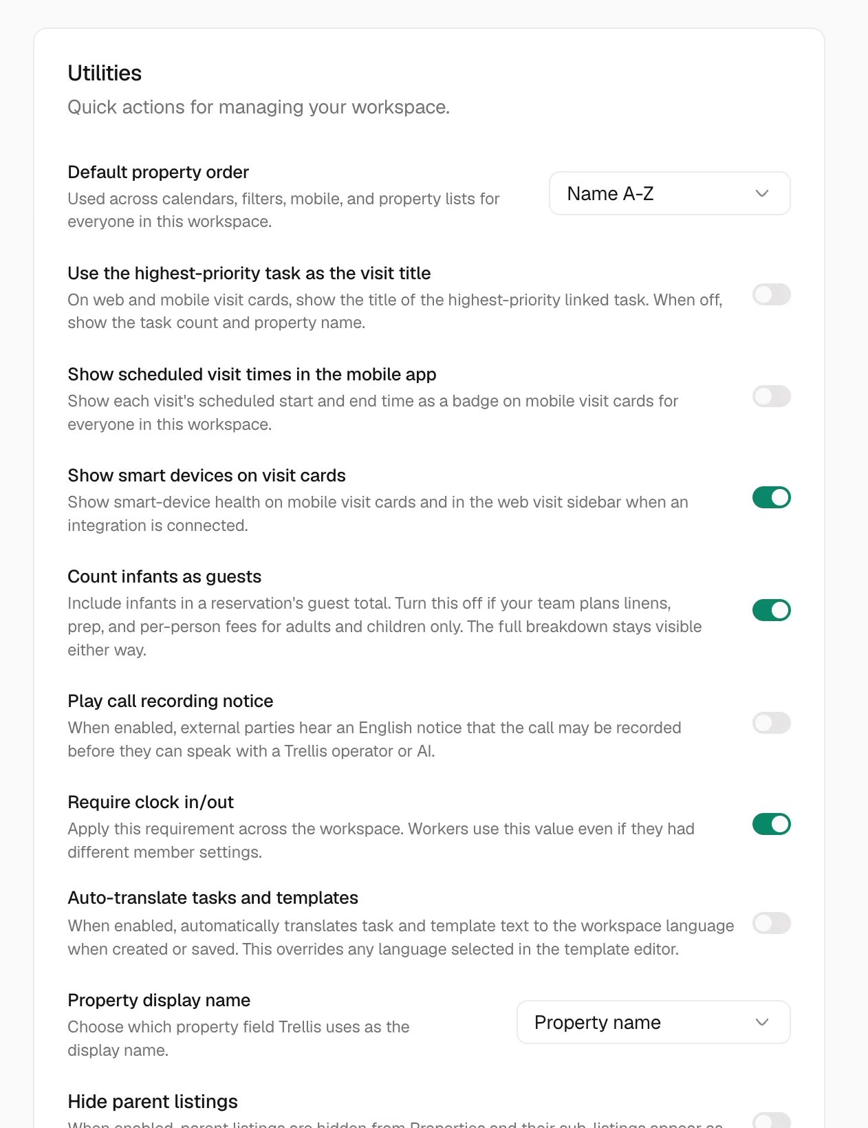 Utilities controls for property order, visit display, infant counts, call notices, clock-in requirements, and task translation