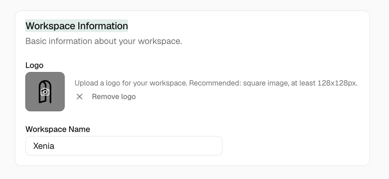 Workspace Information with a logo upload and Workspace Name field