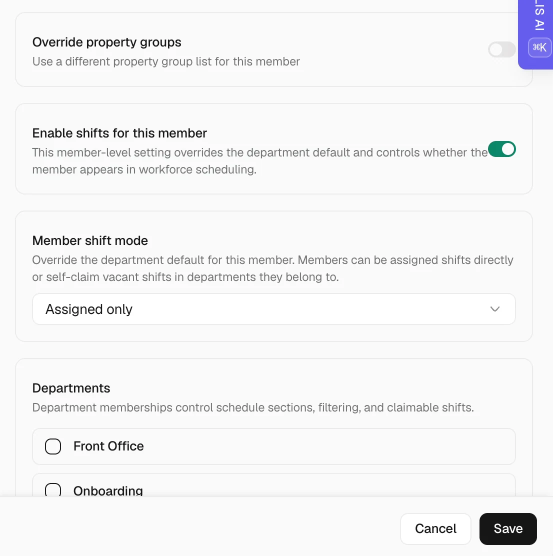 Enable shifts for a team member in Trellis