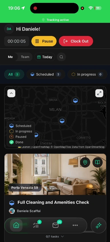 Clock in and manage your shift — screen from the Trellis mobile walkthrough