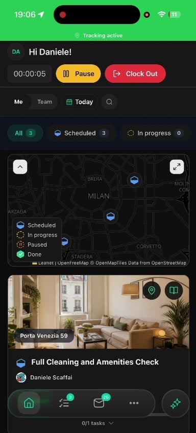 Clock in and manage your shift — screen from the Trellis mobile walkthrough