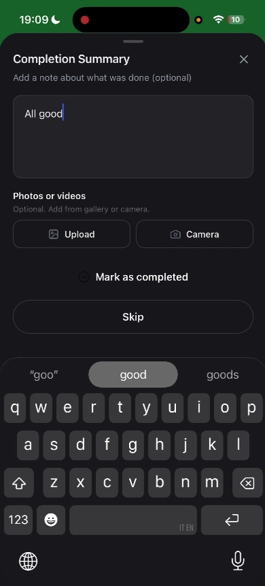 Mark the task as completed — screen from the Trellis mobile walkthrough