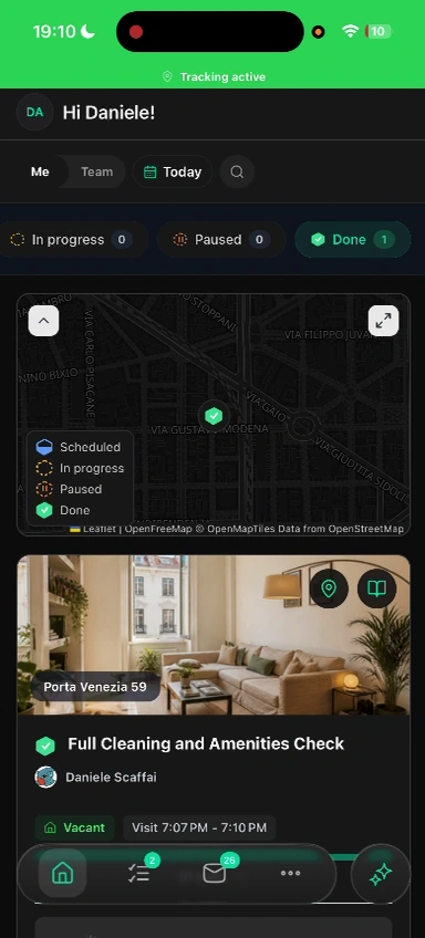 Review completed work and clock out — screen from the Trellis mobile walkthrough
