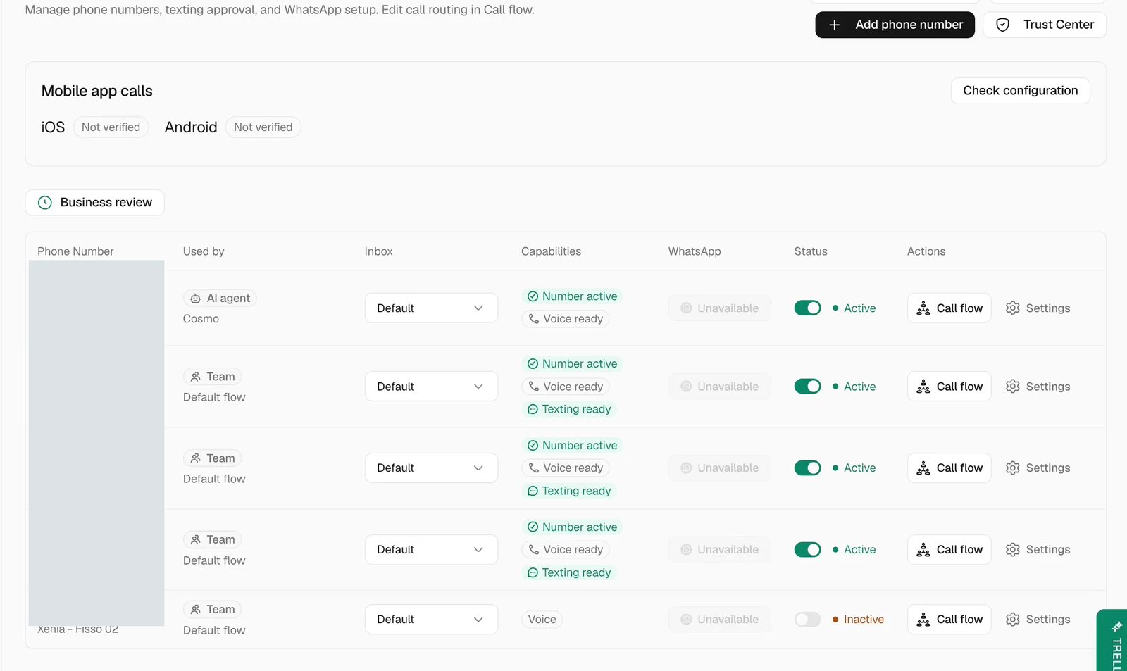 Review workspace and agent phone numbers in Trellis