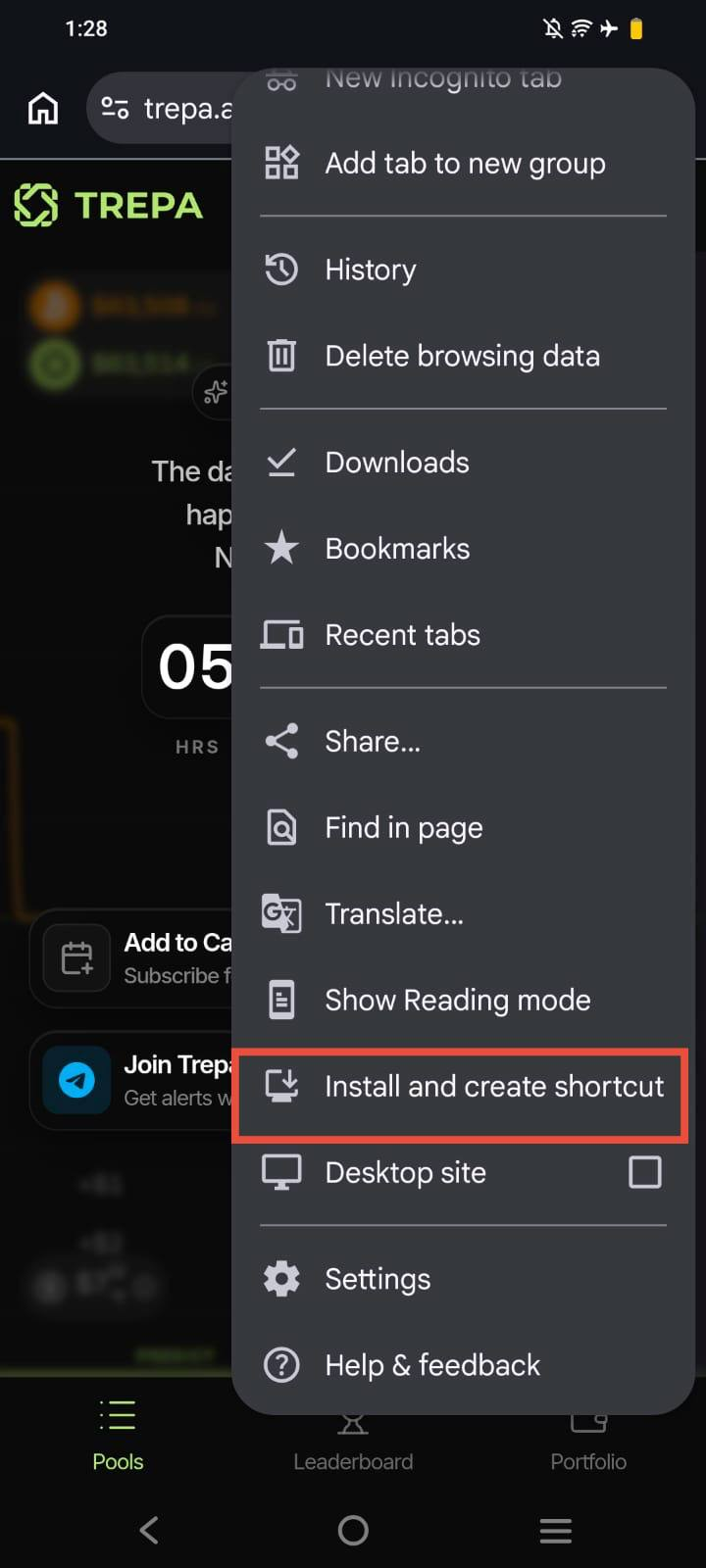 Chrome overflow menu with Add to Home screen highlighted.