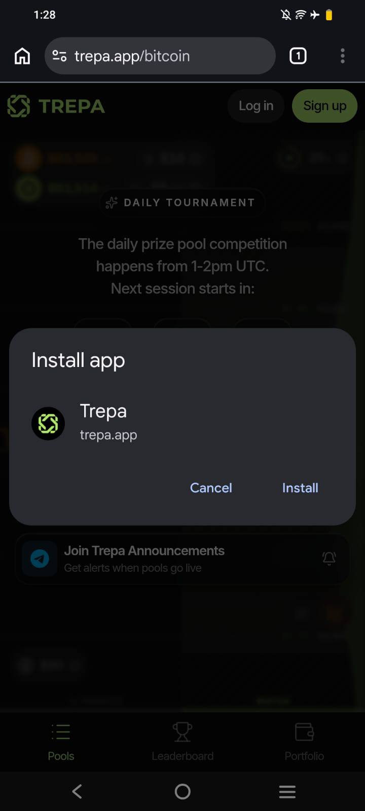Install app dialog for Trepa with Cancel and Install.