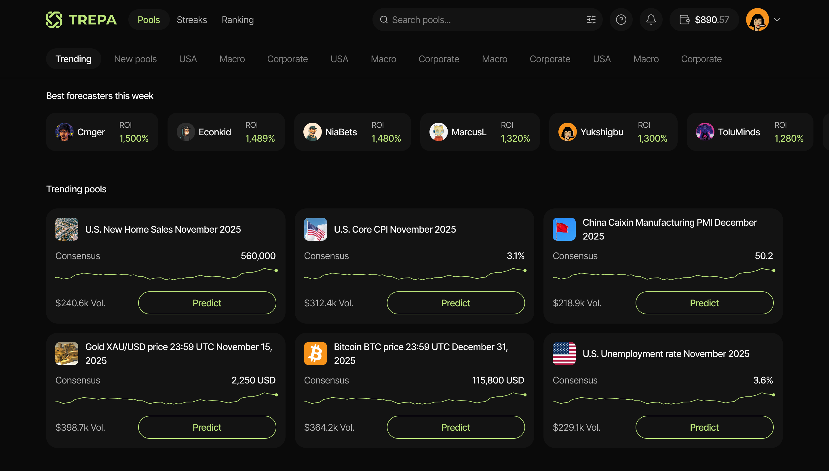 Quick prediction from homepage pool card on Trepa