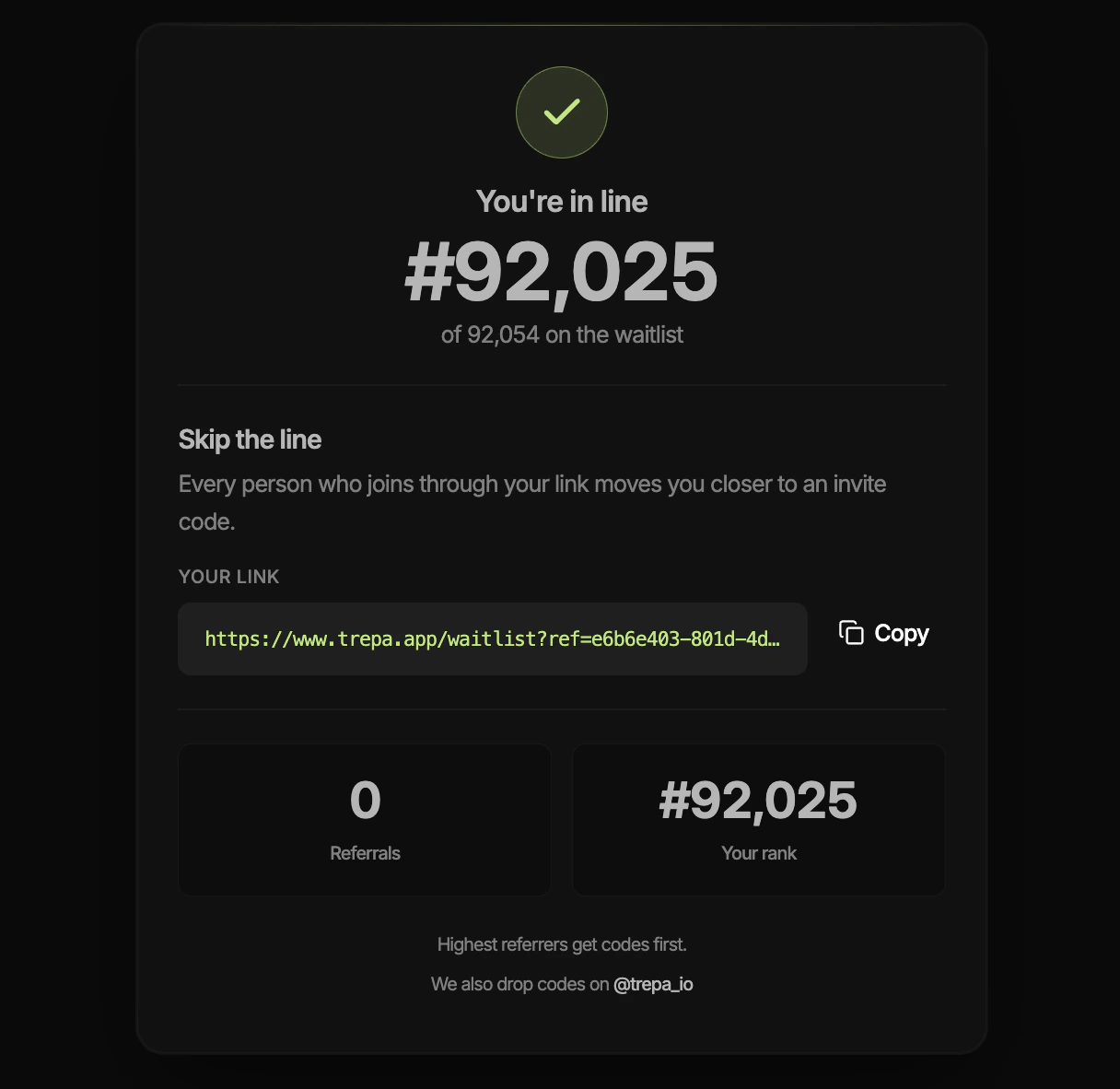 Trepa waitlist dashboard: rank, referral URL with Copy, referral count.