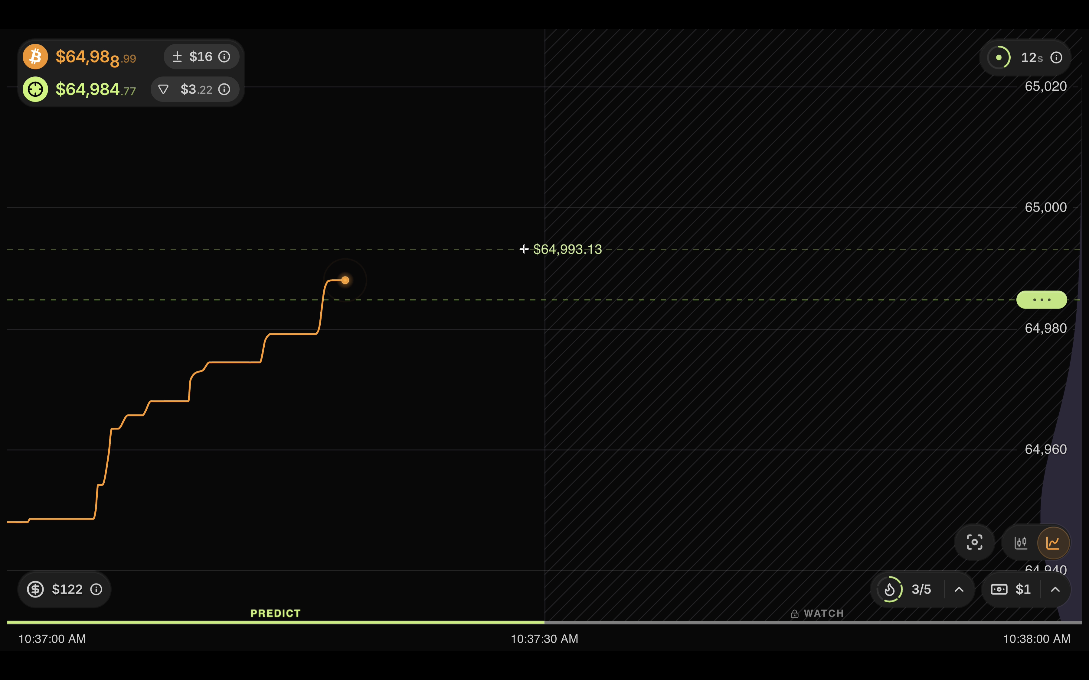 Placing a prediction during the 30s PREDICT phase. User picks an exact number.