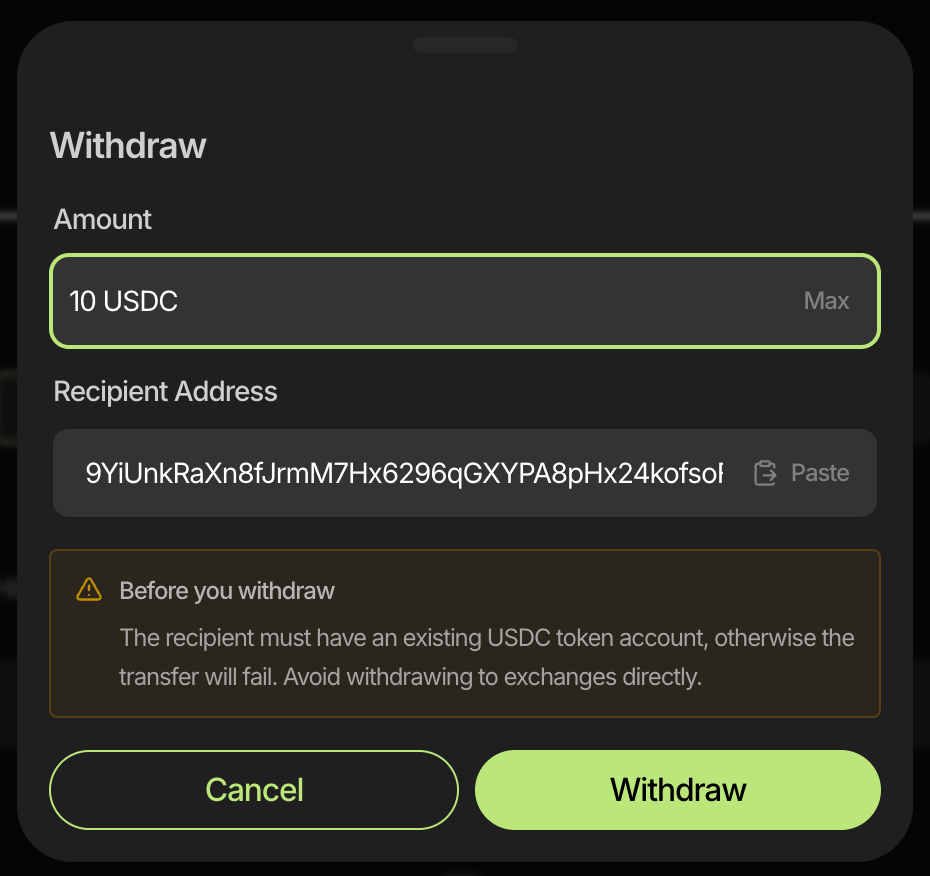 Withdraw: Amount and Recipient Address fields, USDC token account note, Cancel and Withdraw.