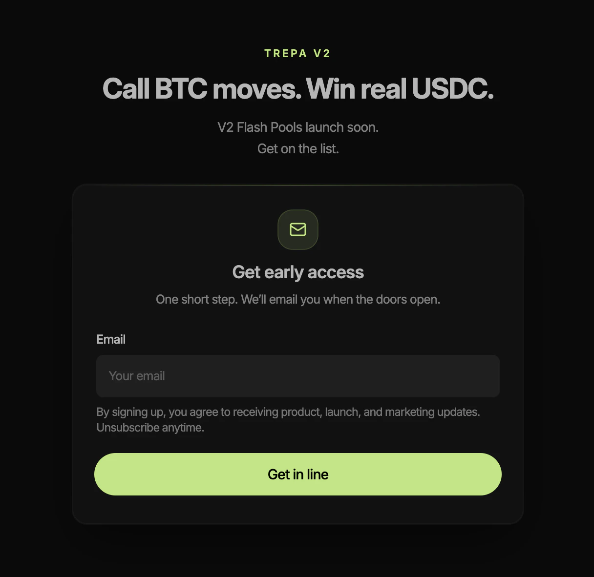 Trepa V2 waitlist: Call BTC moves, win real USDC, email field and Get in line.