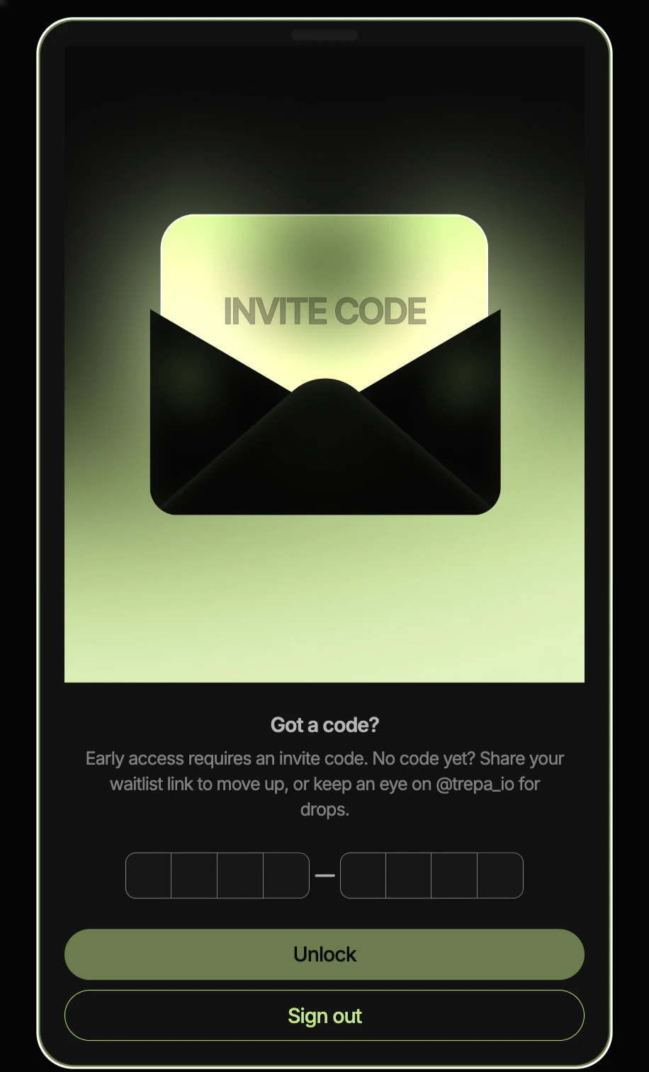 Trepa invite code entry: eight boxes, Unlock button.
