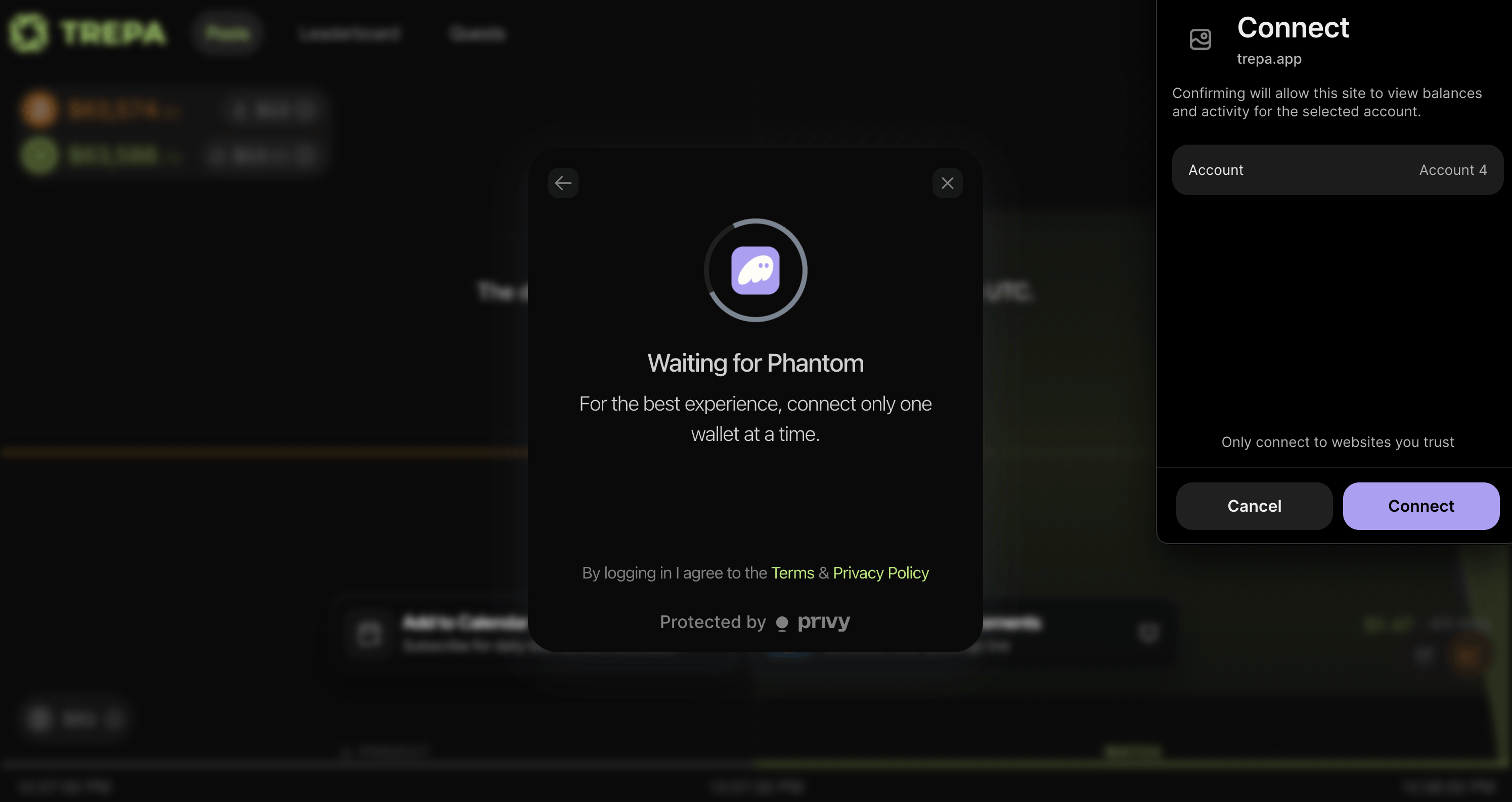 Waiting for Phantom in Trepa modal with wallet extension Connect dialog for the site.
