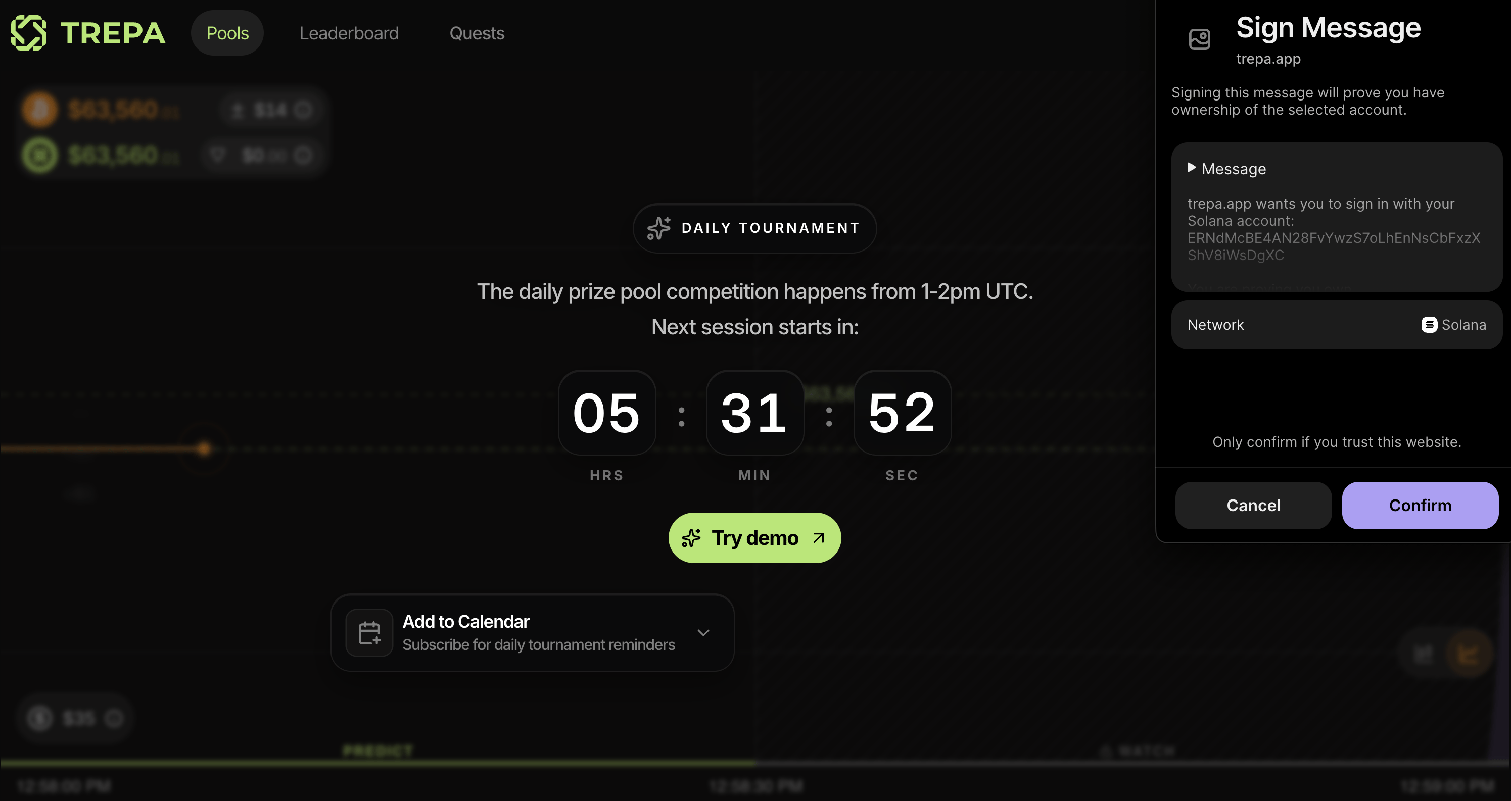 Sign to verify in Trepa modal with Phantom Sign Message and Confirm in the extension.