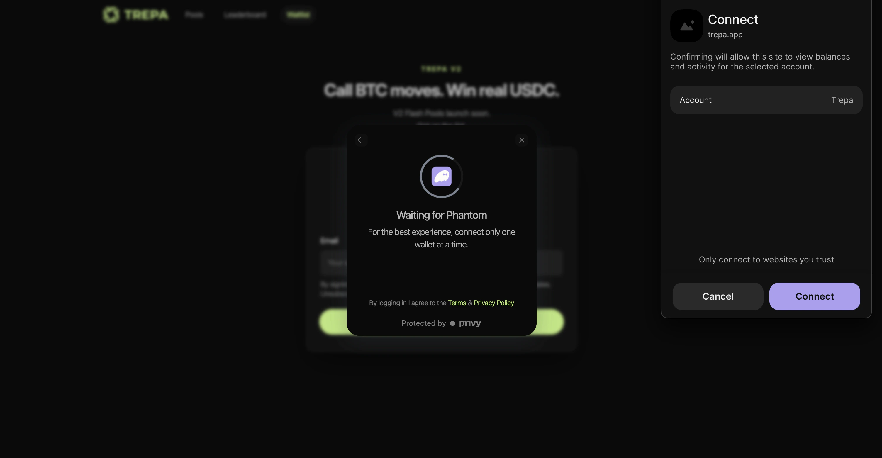 Waiting for Phantom in Trepa modal with wallet extension Connect dialog for the site.