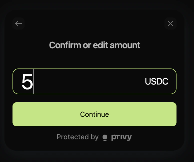 Confirm or edit amount: USDC field and Continue.