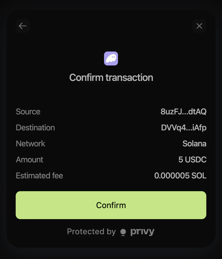 Confirm transaction: source and destination, Solana, USDC amount, estimated SOL fee, Confirm button.
