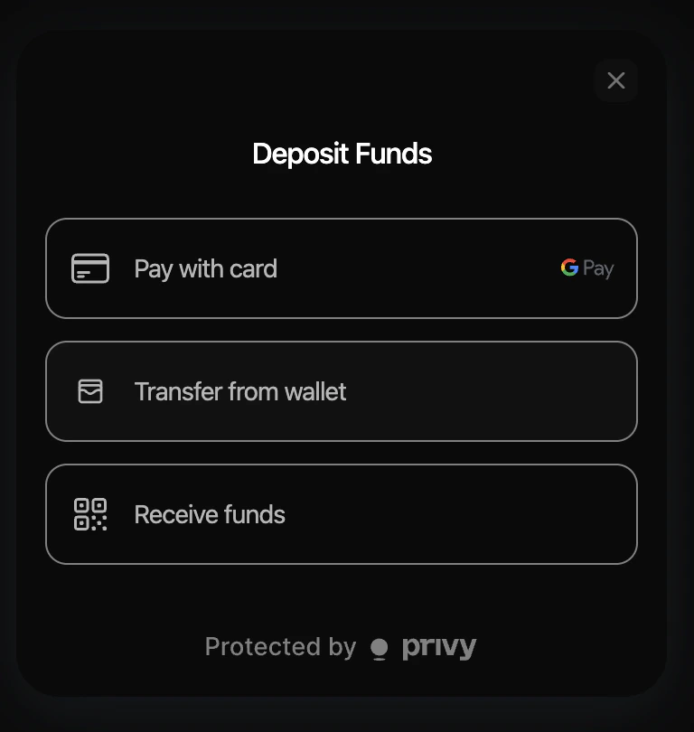 Deposit Funds modal: Pay with card, Transfer from wallet, or Receive funds.