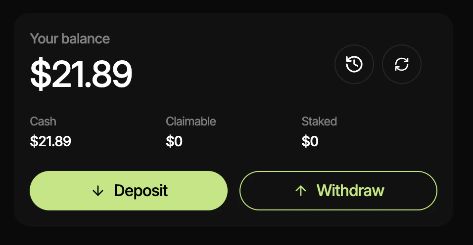 Your balance card with Deposit and Withdraw; tap Deposit.
