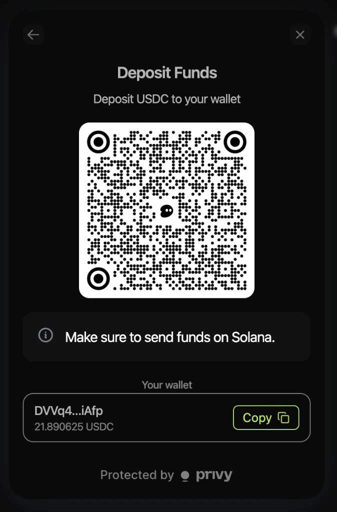 Deposit USDC to your wallet: QR code, Solana reminder, address with Copy.