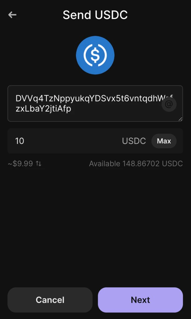 Phantom browser extension Send USDC: recipient address, amount, Max, Next.