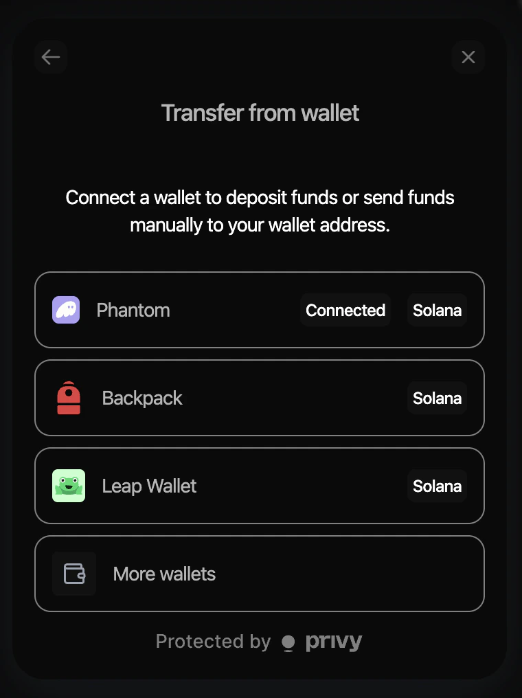 Transfer from wallet: connect a wallet or send manually; list of Solana wallets.