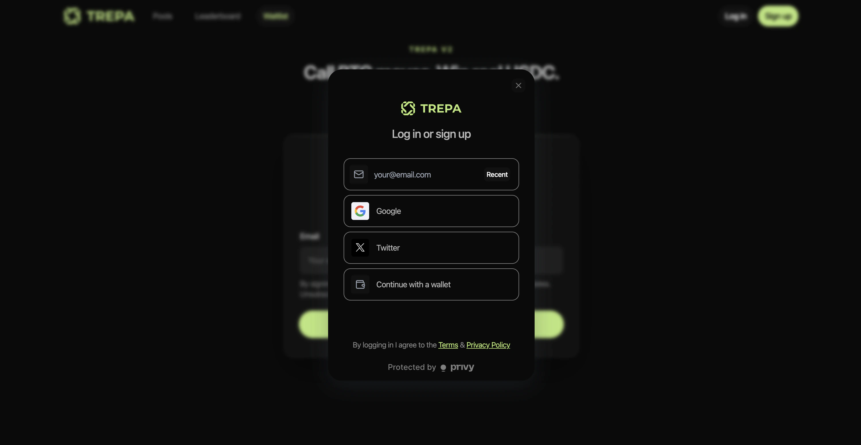 Trepa Log in or sign up modal with email, Google, X, and Continue with a wallet.