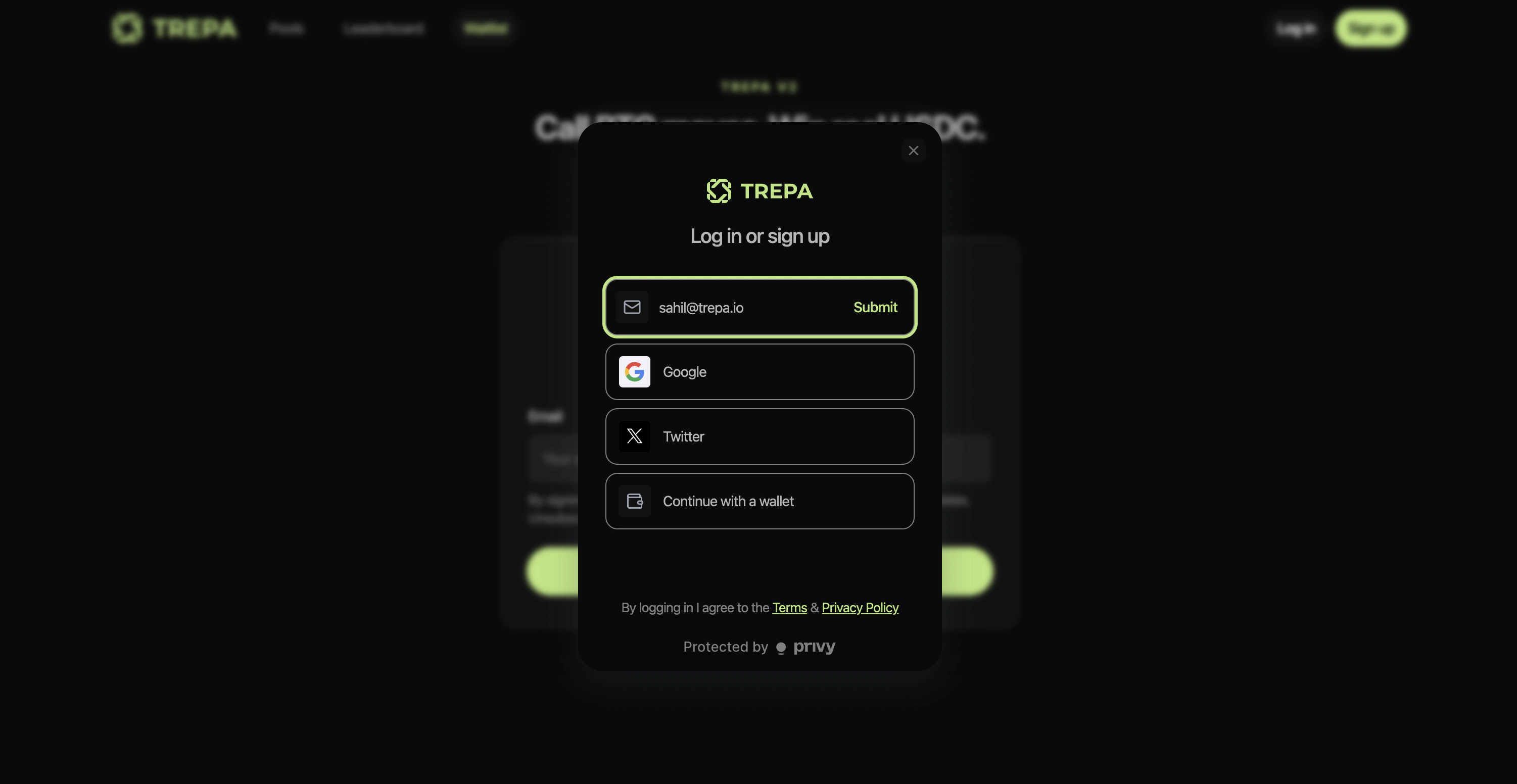 Trepa auth modal: email field with Submit, plus Google, X, and wallet options.