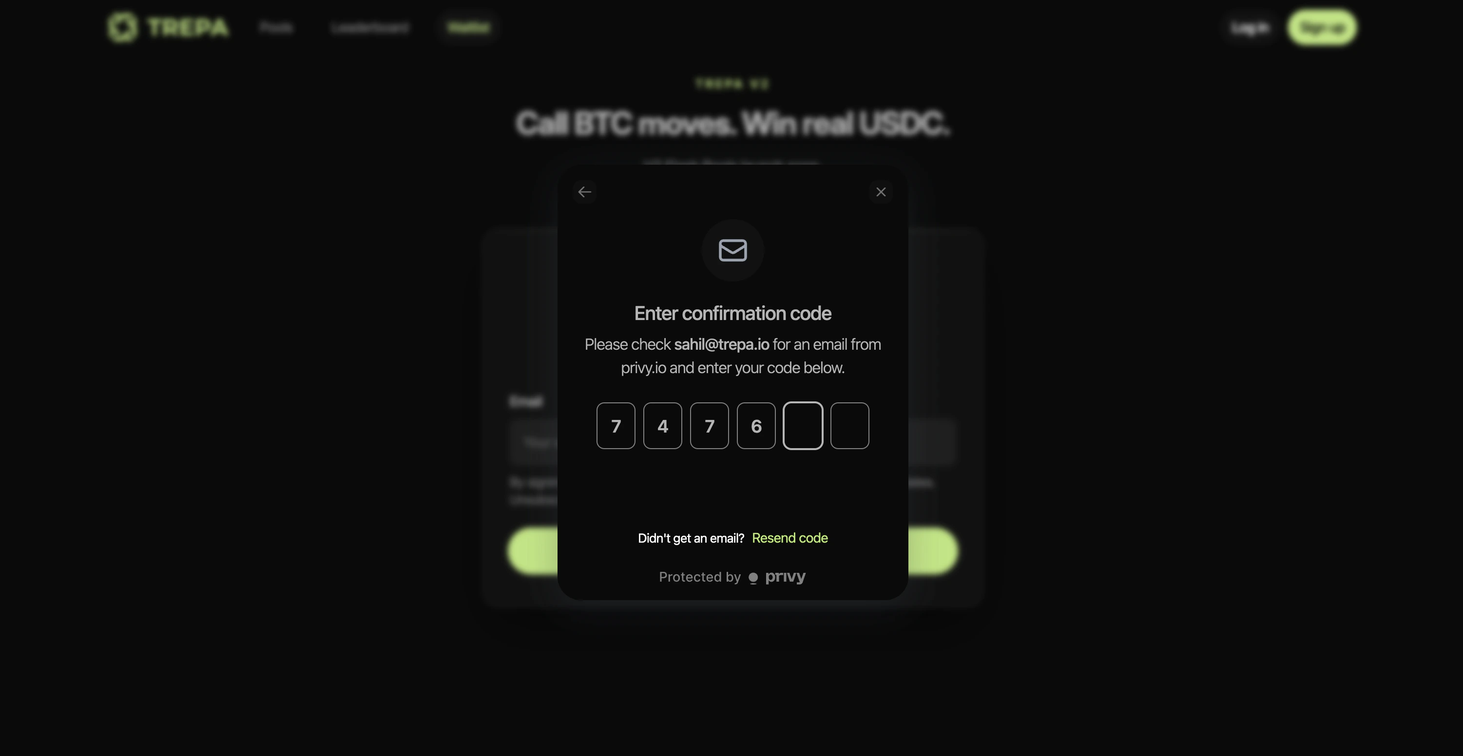 Enter confirmation code: six digit inputs, email hint from privy.io, and Resend code link.