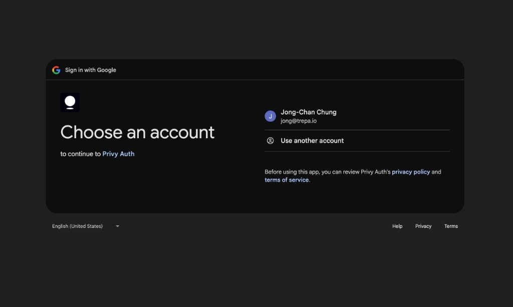 Google Sign in with Google: Choose an account to continue to Privy Auth.