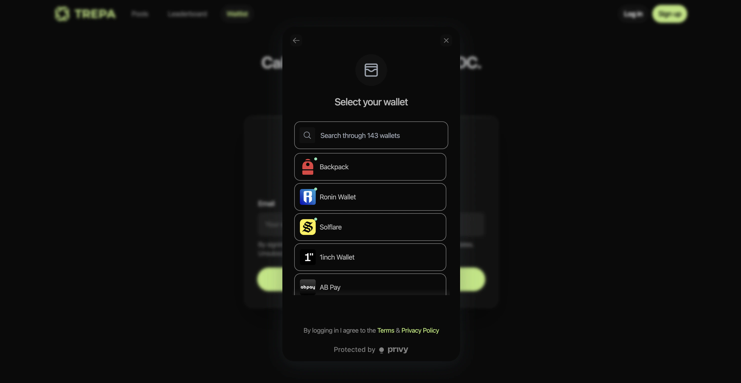 Select your wallet: search field, wallet list including Phantom and Backpack, Privy footer.