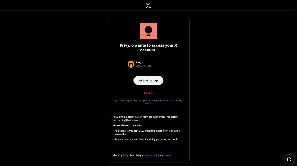 X authorization: Privy.io wants to access your X account, Authorize app button.