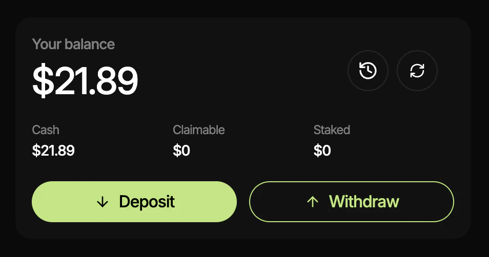 Your balance card with Deposit and Withdraw; tap Withdraw.