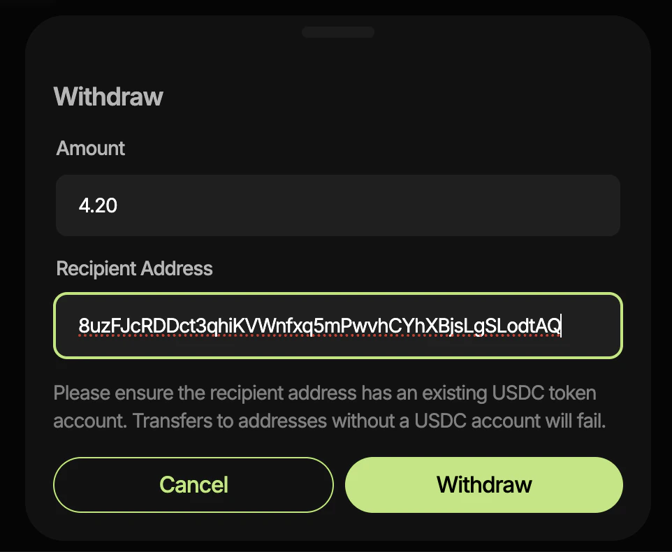 Withdraw: Amount and Recipient Address fields, USDC token account note, Cancel and Withdraw.