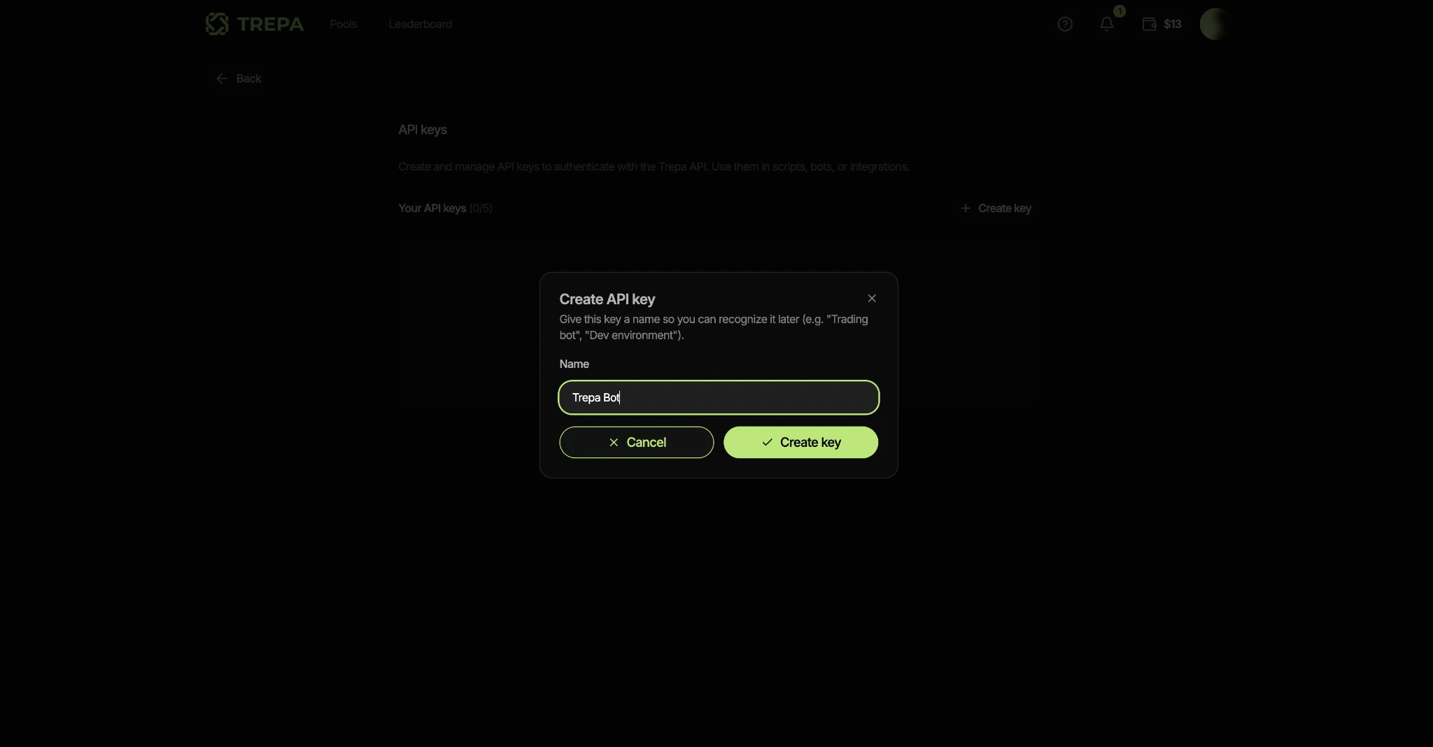 Create API key dialog
