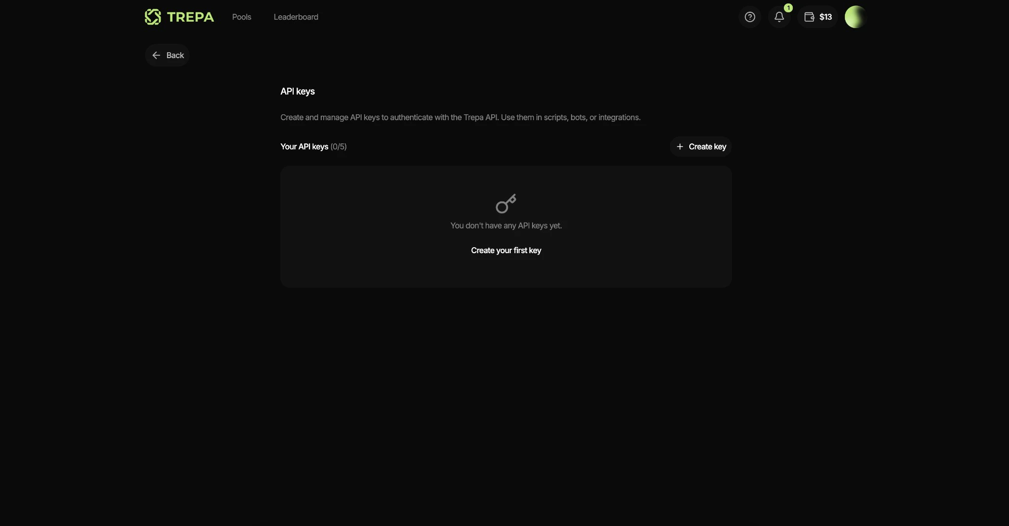 API keys page