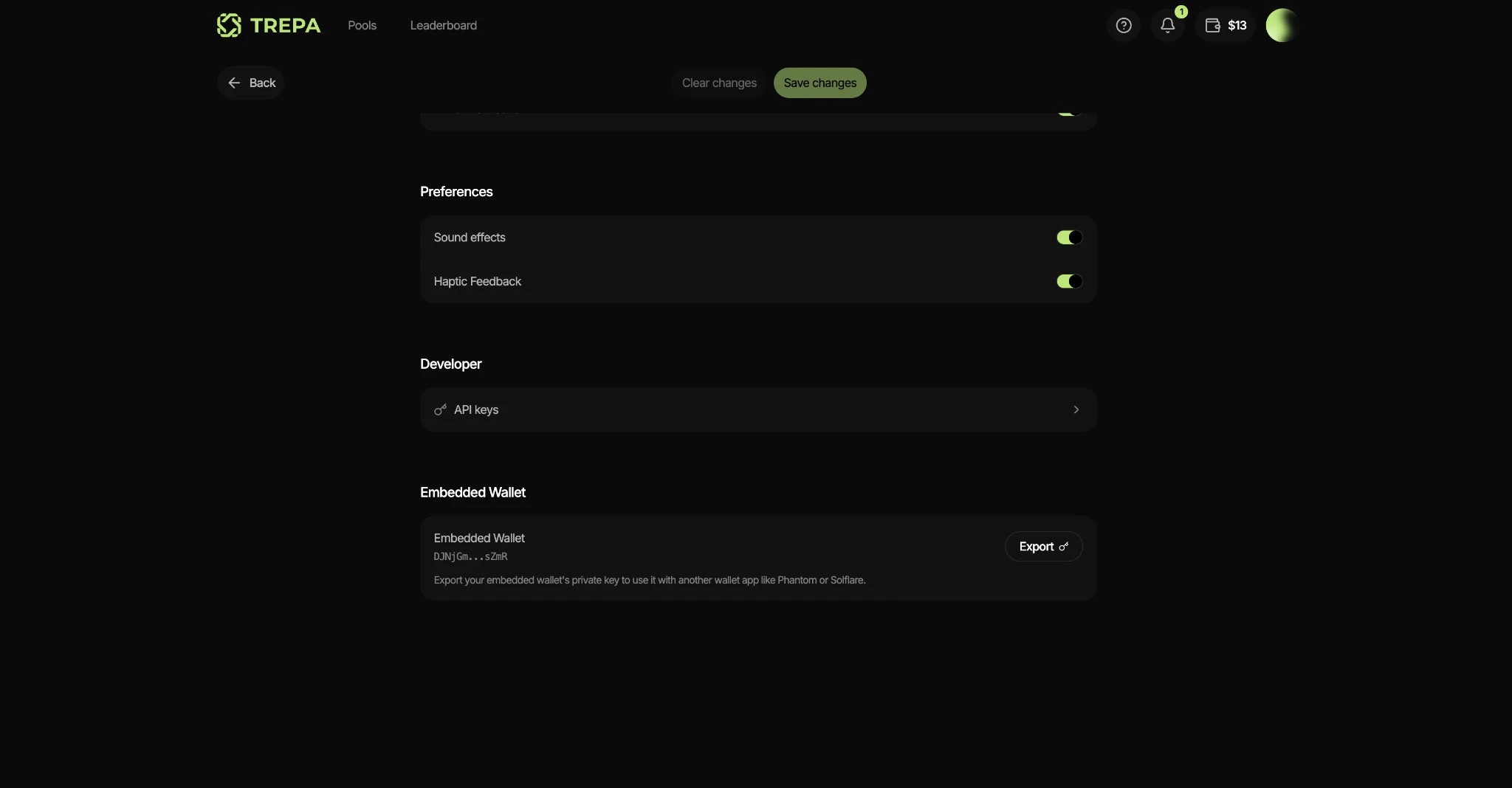 Settings page with Embedded Wallet section