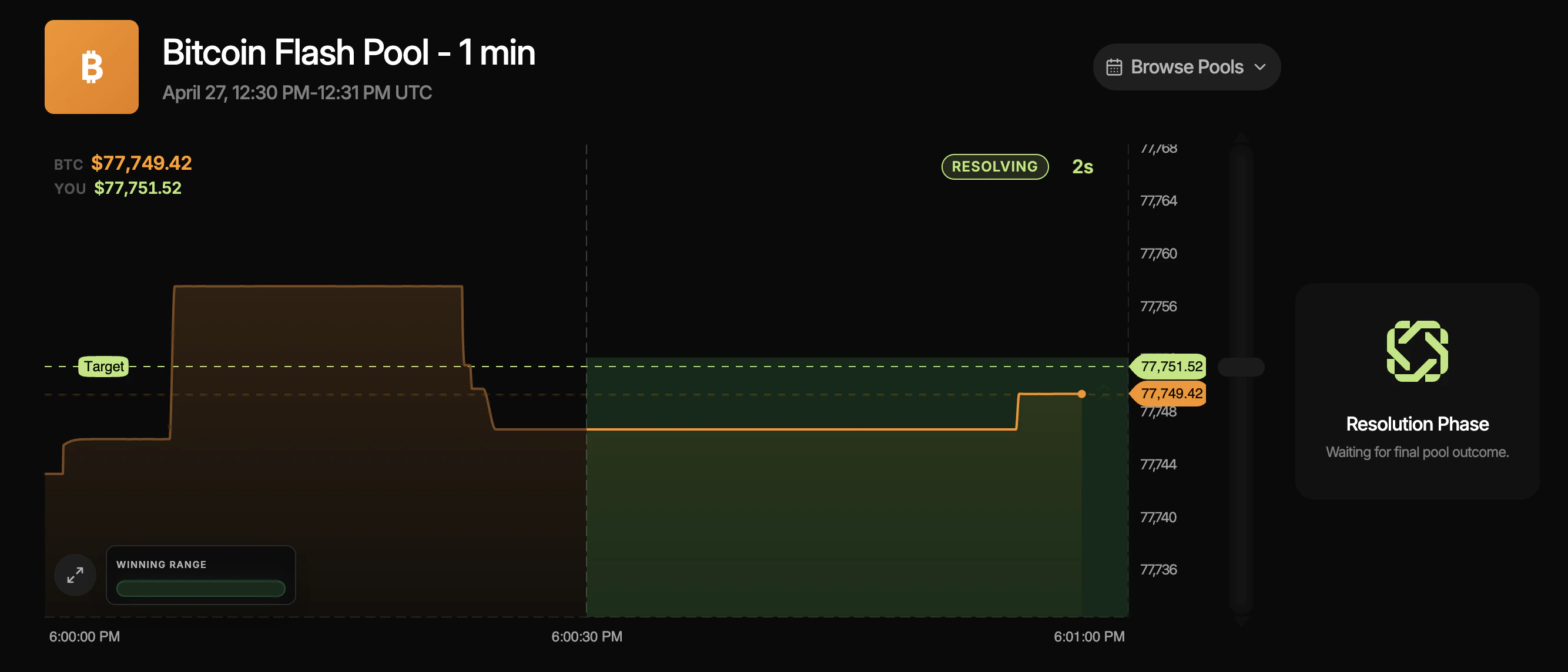 Bitcoin Flash Pool during the resolution window. Winning range becomes visible.