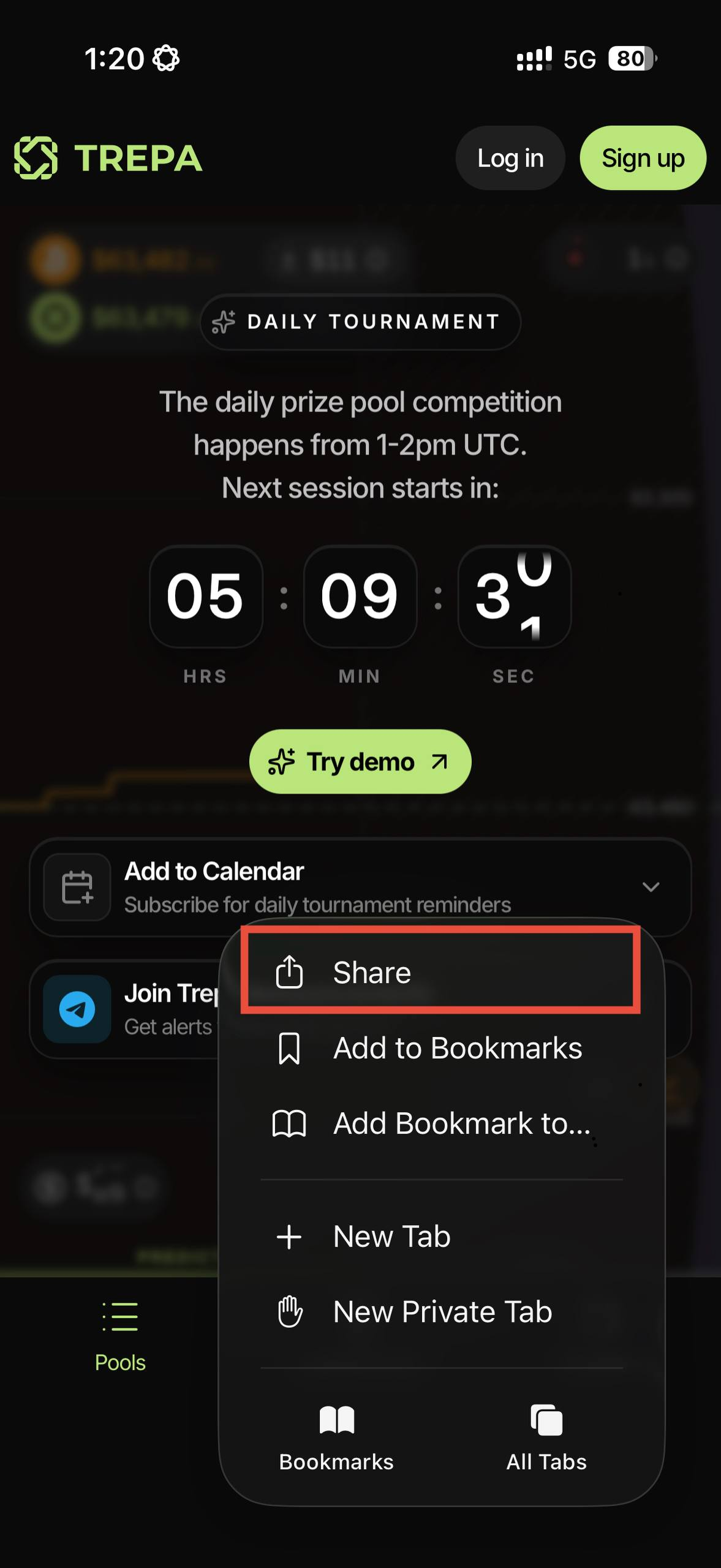 Safari menu with Share highlighted.