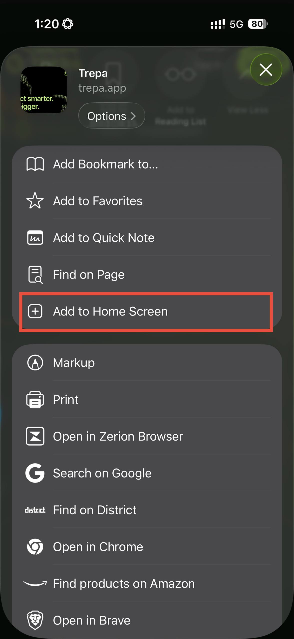Share sheet with Add to Home Screen highlighted.