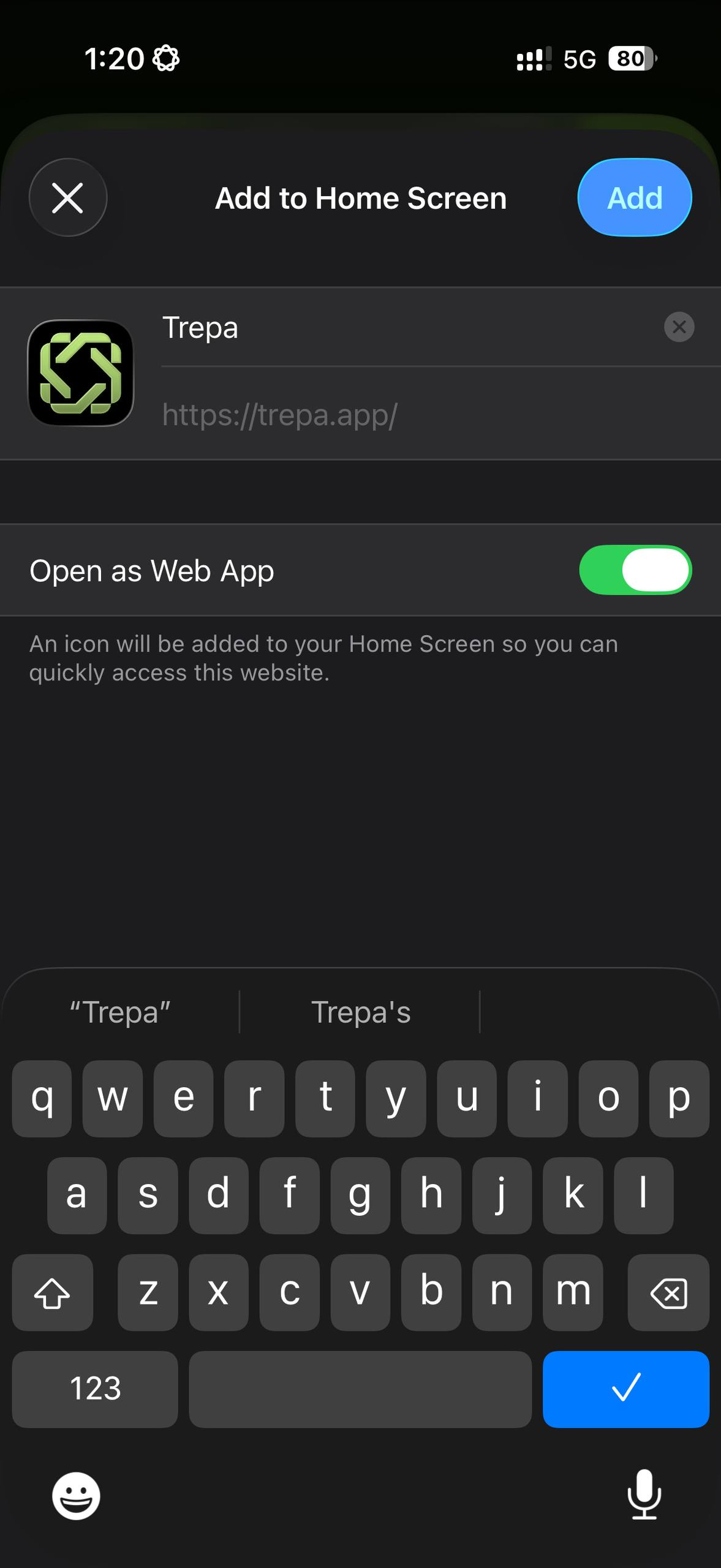 Add to Home Screen dialog with Trepa name and Open as Web App toggle.