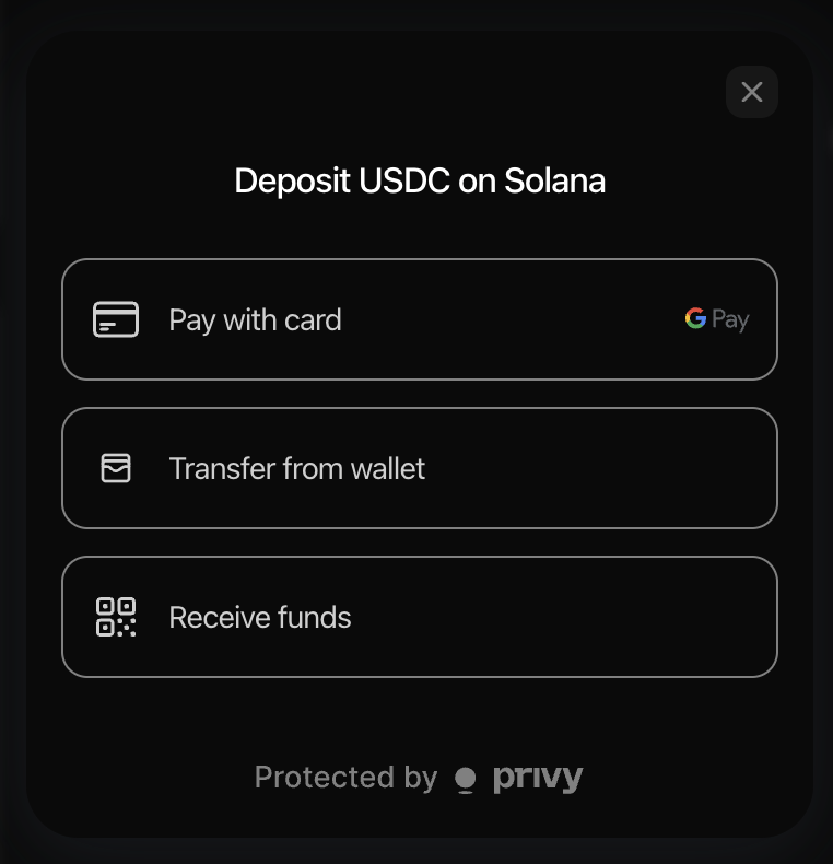 Deposit USDC on Solana modal: Pay with card, Transfer from wallet, or Receive funds.