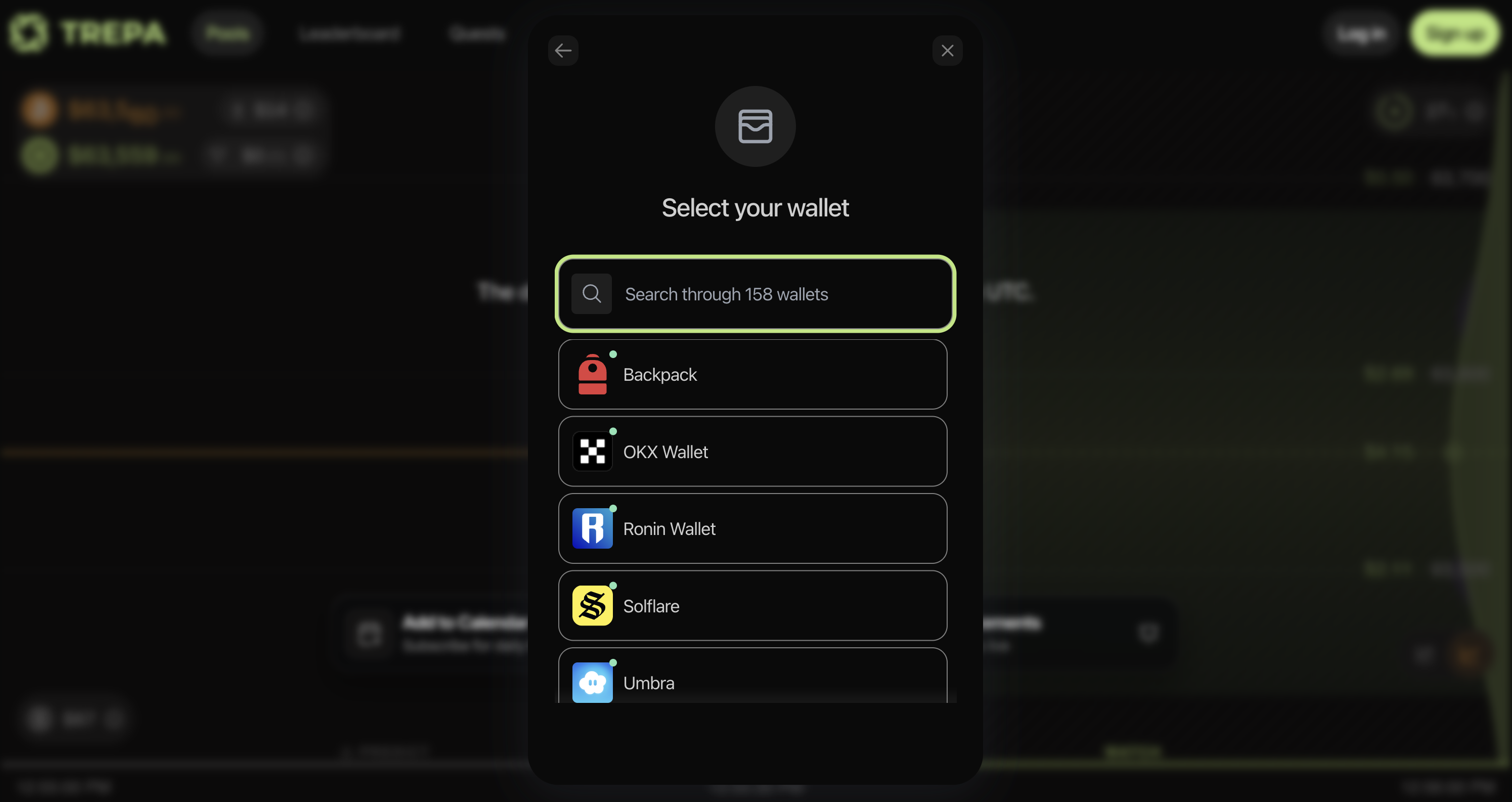 Select your wallet: search field, wallet list including Phantom and Backpack, Privy footer.