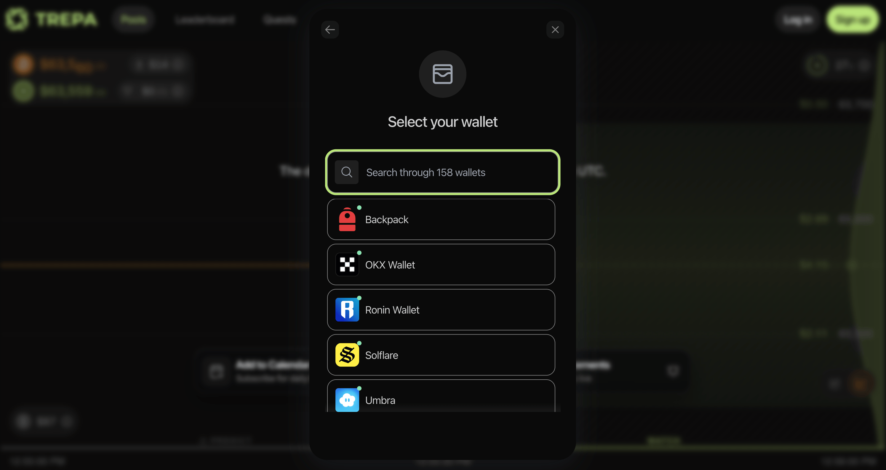 Select your wallet: search field, wallet list including Phantom and Backpack, Privy footer.
