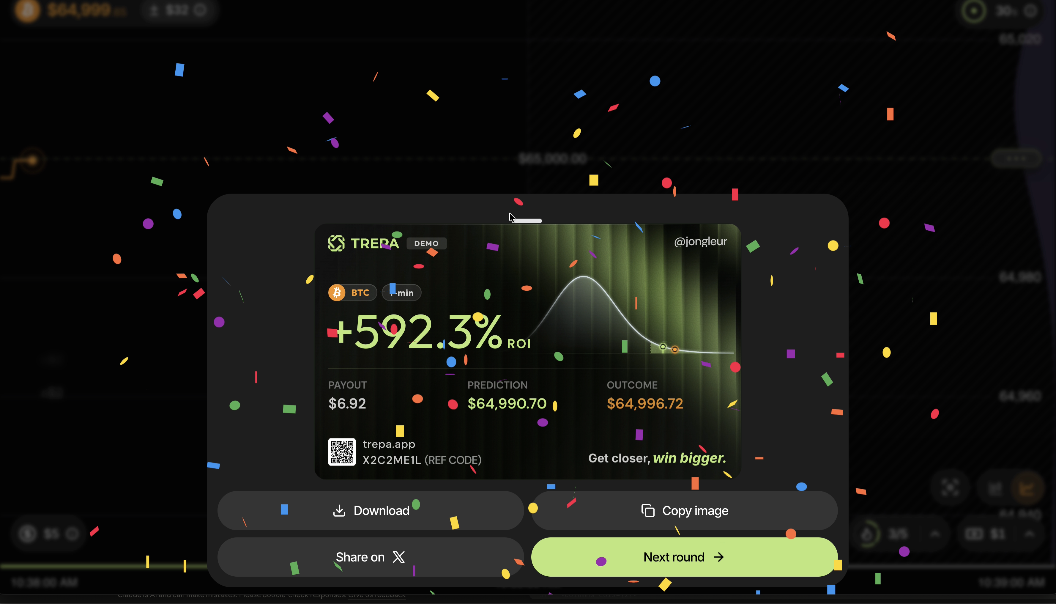 Congratulations, you've won! A results card showing ROI, payout, prediction, and outcome after a round ends.