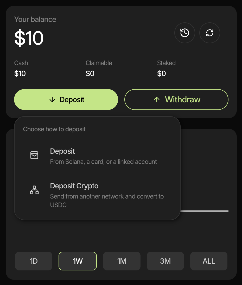 Choose how to deposit: Deposit (from Solana, a card, or a linked account) or Deposit Crypto (send from another network).