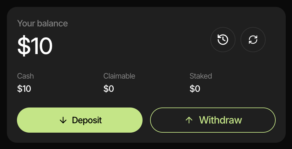 Portfolio balance card with a single Deposit button.