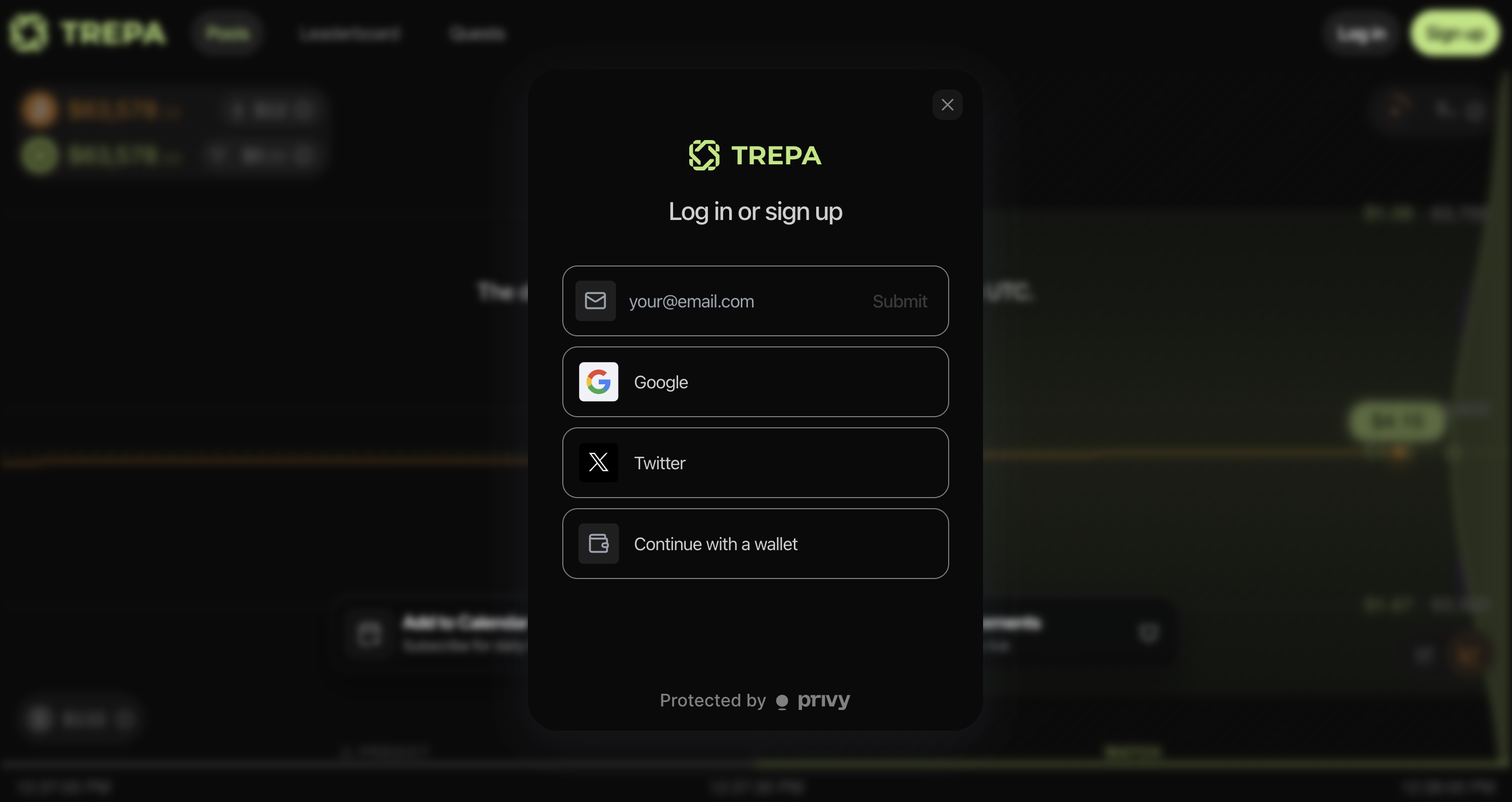 Trepa Log in or sign up modal with email, Google, X, and Continue with a wallet.