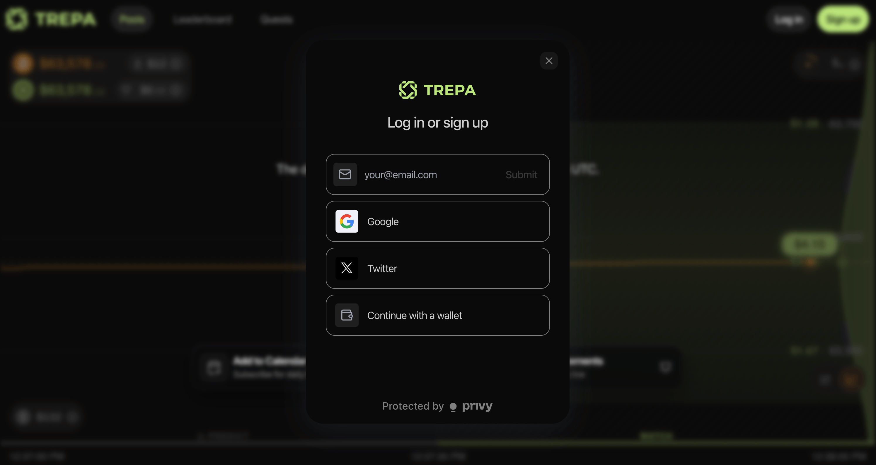 Trepa Log in or sign up modal with email, Google, X, and Continue with a wallet.